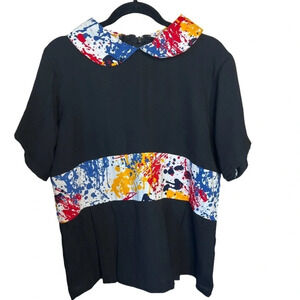 Vintage Traditional urban print trim waist collar black short-sleeve blouse Sz L